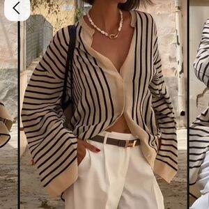 Cream and Black Striped Blouse with Cropped Design